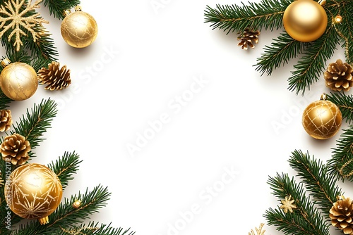 Festive designs for Christmas and New Year's decoration, featuring a background with silver balls and white pine branches hanging on the right side of a white gradient background