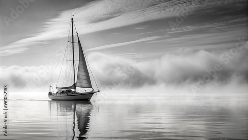 A sailboat navigating misty seascape