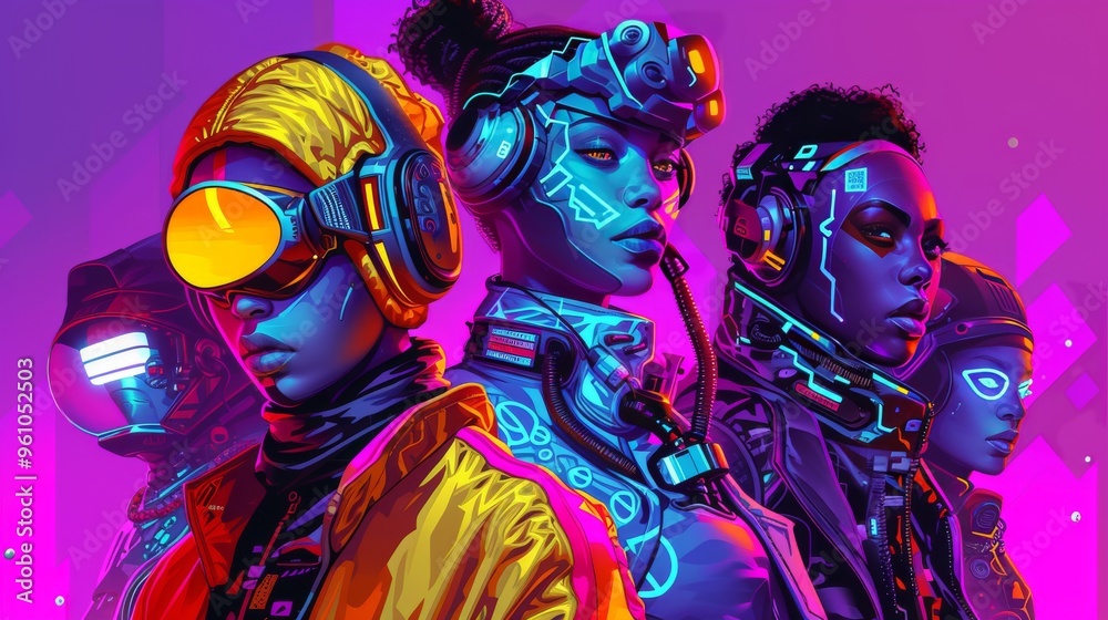 An illustration of a group of futuristic individuals adorned with advanced cybernetic gear, set against a neon backdrop. The vibrant colors and intricate designs embody the essence of a high-tech An illustration of a group of futuristic individuals adorned with advanced cybernetic gear, set against a neon backdrop. The vibrant colors and intricate designs embody the essence of a high-tech