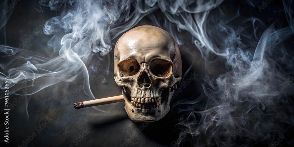 A skull engulfed in cigarette smoke viewed from above A skull engulfed in cigarette smoke viewed from above