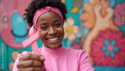 African American woman holding a ribbon for Breast Cancer Awareness Month in October. Our fight photo