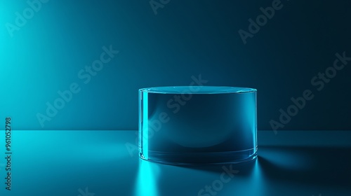 Blue glass cylinder podium on blue background.