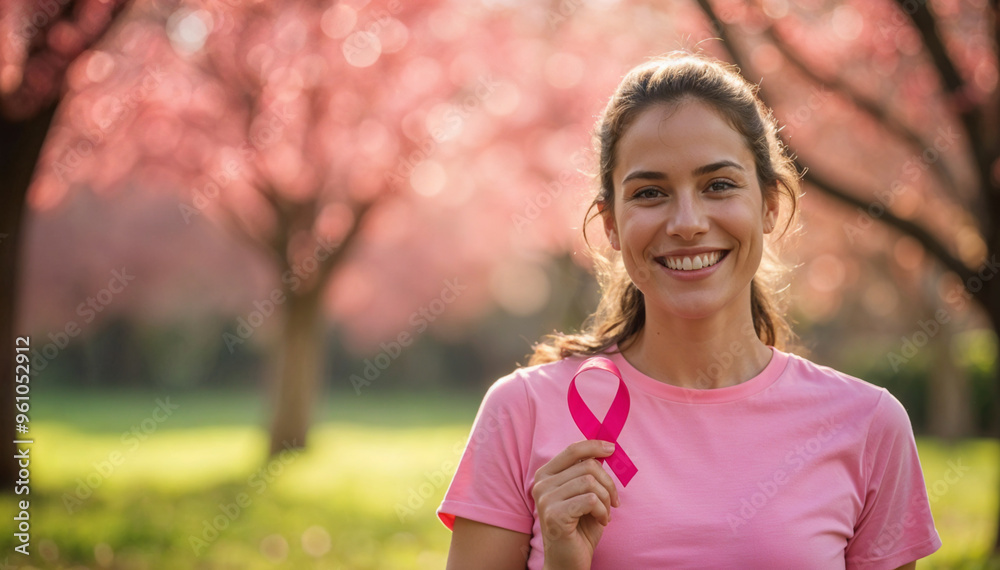 Woman with a pink ribbon for October Breast Cancer Awareness campaign. Pink October, Against Cancer Woman with a pink ribbon for October Breast Cancer Awareness campaign. Pink October, Against Cancer