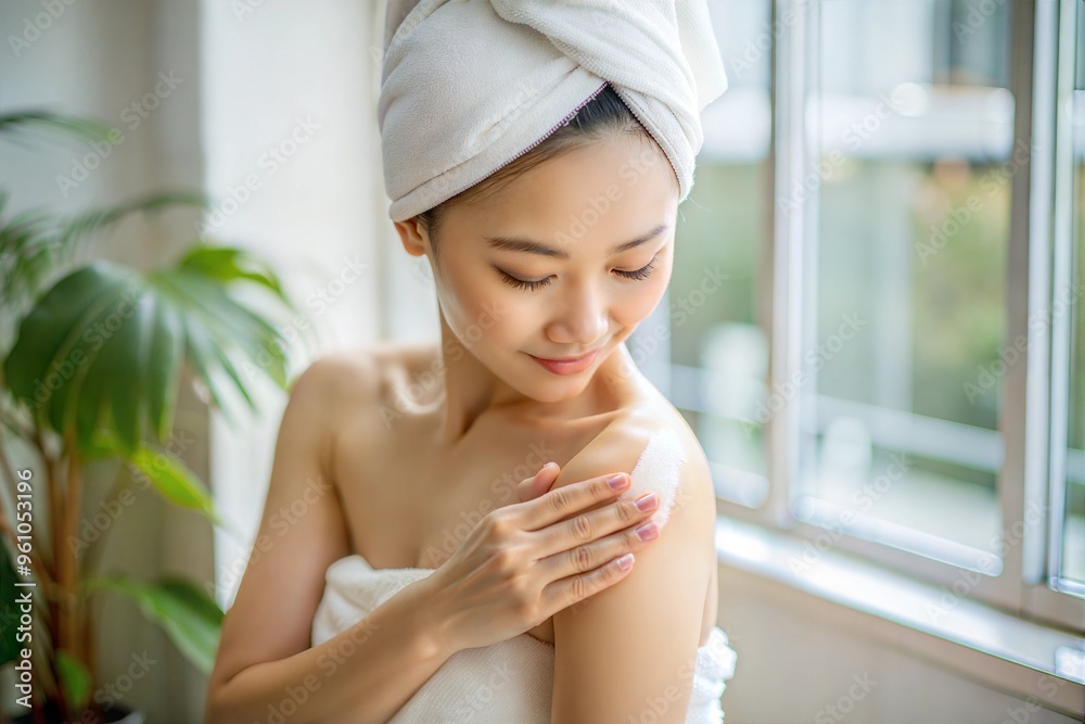 Woman applying lotion to shoulder in relaxing skincare routine Woman applying lotion to shoulder in relaxing skincare routine