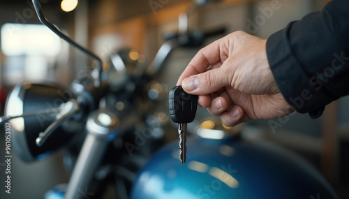 Hand holding a motorcycle key with a dealership background, ideal for bike purchase or financing. photo