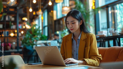 woman in business casual attire, working on a laptop at a modern co-working space,