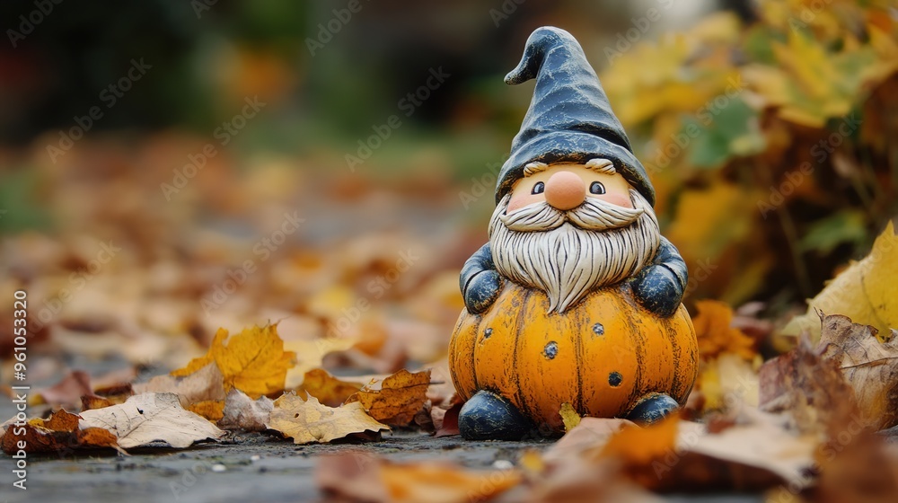 Obraz premium Adorable Halloween Scene Featuring a Cute Gnome and a Festive Pumpkin Set. Perfect for Seasonal Decorations and Holiday Celebrations