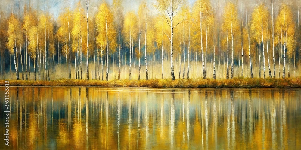 Abstract acrylic oil painting of forest birch trees landscape with gold details and water reflection from a lake Abstract acrylic oil painting of forest birch trees landscape with gold details and water reflection from a lake