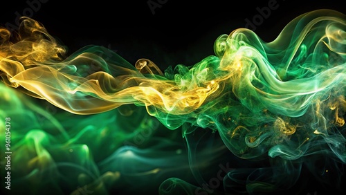 Abstract art background featuring flowing green smoke with golden specks embodying a sense of mystery and elegance photo