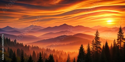 A scenic mountain range at sunset, with trees silhouetted against a warm orange and pink sky, set amidst wavy lines evoking a sense of movement.