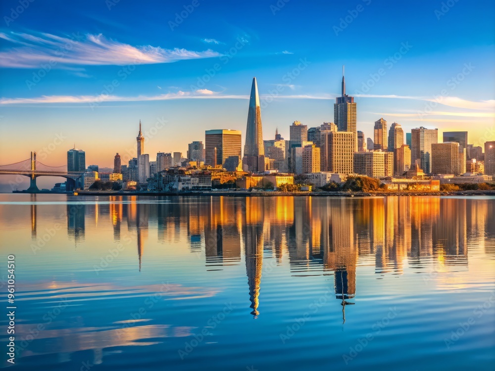 Obraz premium San Francisco Bay, California, USA in the morning with a panoramic view of the bay, the city's skyline stretching across the horizon, reflected in the calm waters.