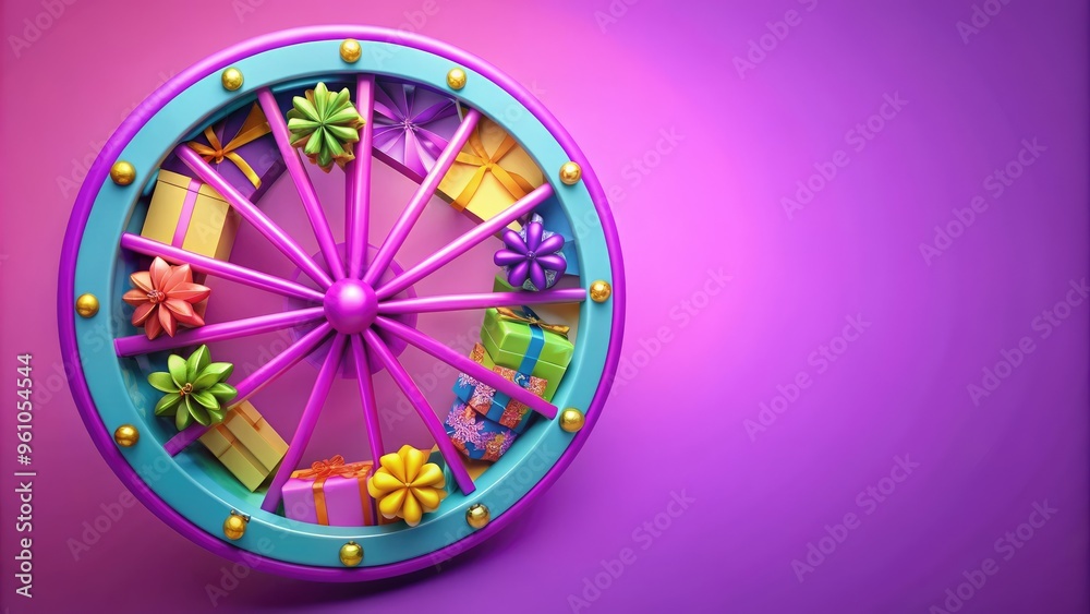 Colorful wheel with a purple bow and presents around it, festive, celebration, birthday, party, decoration, vibrant, colorful, wheel Colorful wheel with a purple bow and presents around it, festive, celebration, birthday, party, decoration, vibrant, colorful, wheel