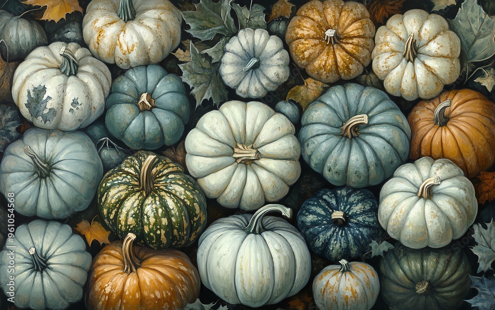 realistic painting featuring pumpkins of different shapes and sizes from top view, including green and white varieties, muted tones