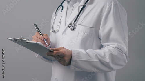 Doctor writing notes on a clipboard wearing a white lab coat with stethoscope