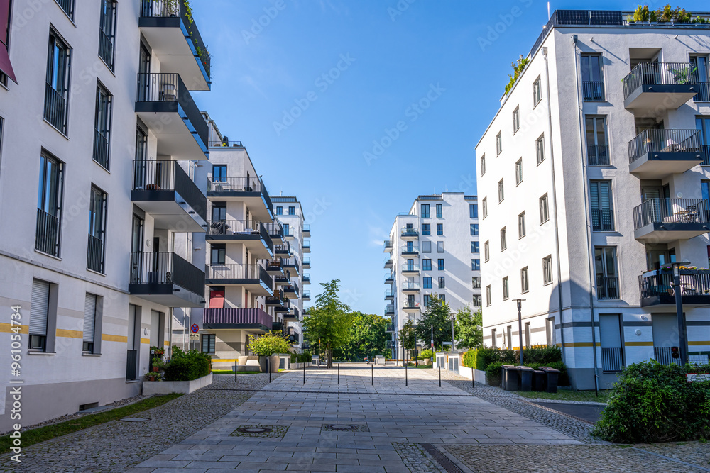 Fototapeta premium Housing development area with new apartment buildings seen in Berlin, Germany