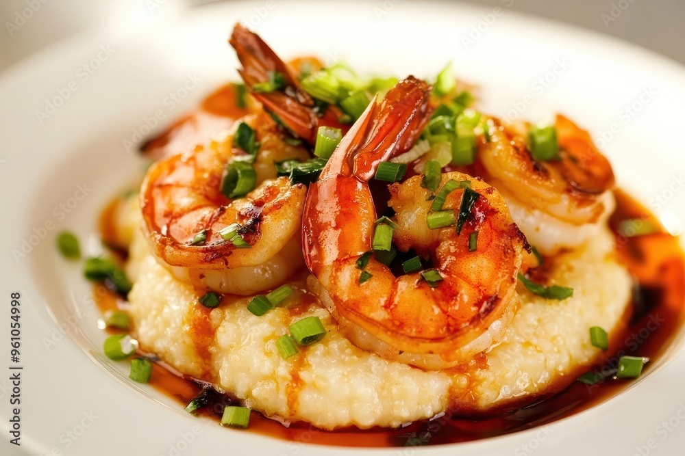 A delicious dish featuring shrimp served over creamy grits, garnished with green onions. A delicious dish featuring shrimp served over creamy grits, garnished with green onions.