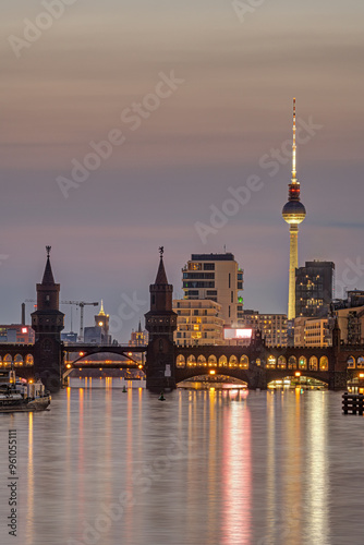 Berlin with the river Spree at twilight with the Oberbaum Bridge and the famous Television Tower