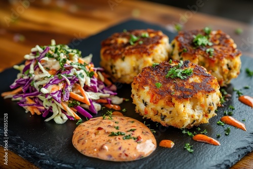 A delicious plate featuring crab cakes, coleslaw, and a dipping sauce on a slate board.
