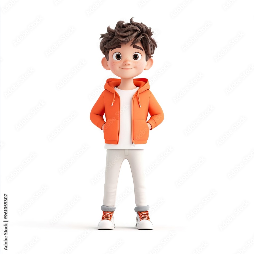 Fototapeta premium Cartoon boy wearing orange jacket and sneakers.