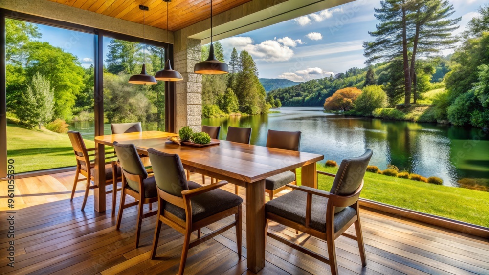 Fototapeta premium Wooden table and chairs arranged for dining in a room overlooking a scenic river with trees and a