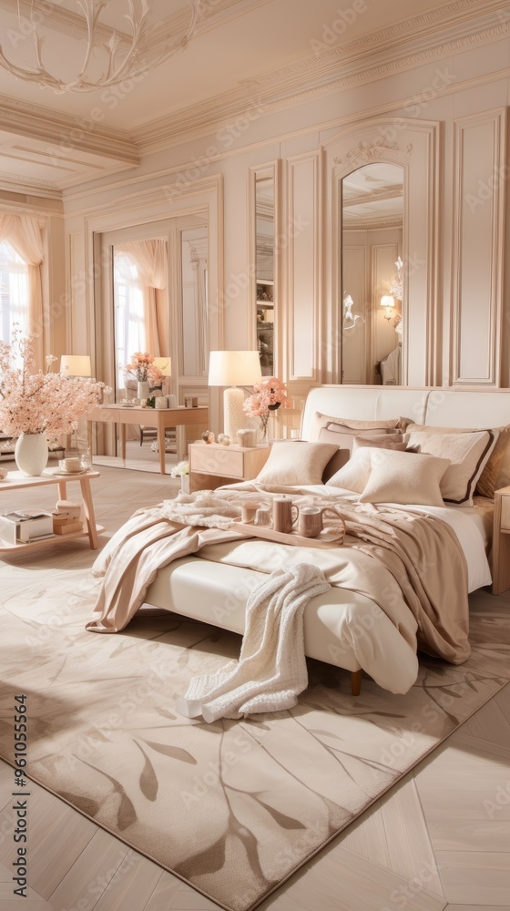 luxury delicate interior of the living room and bedroom in light colors with expensive chic carved furniture in classic style luxury delicate interior of the living room and bedroom in light colors with expensive chic carved furniture in classic style