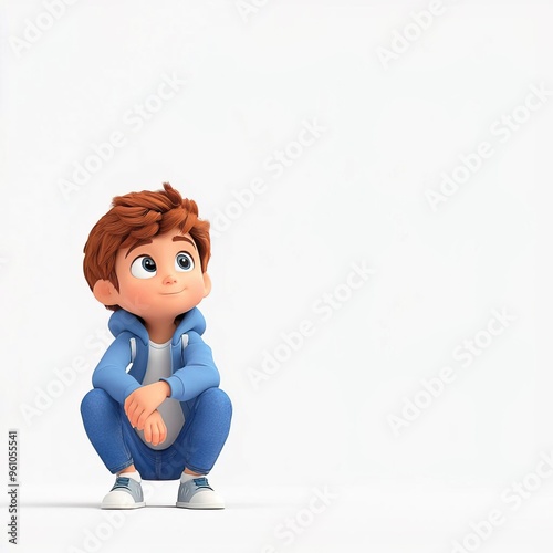 A young boy sits on the floor and looks up at a small bird.