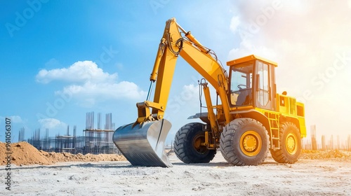 Yellow excavator on construction site with blue sky