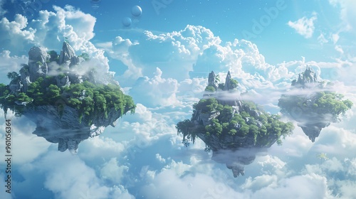 3D rendered fantasy world with floating islands and magical landscapes