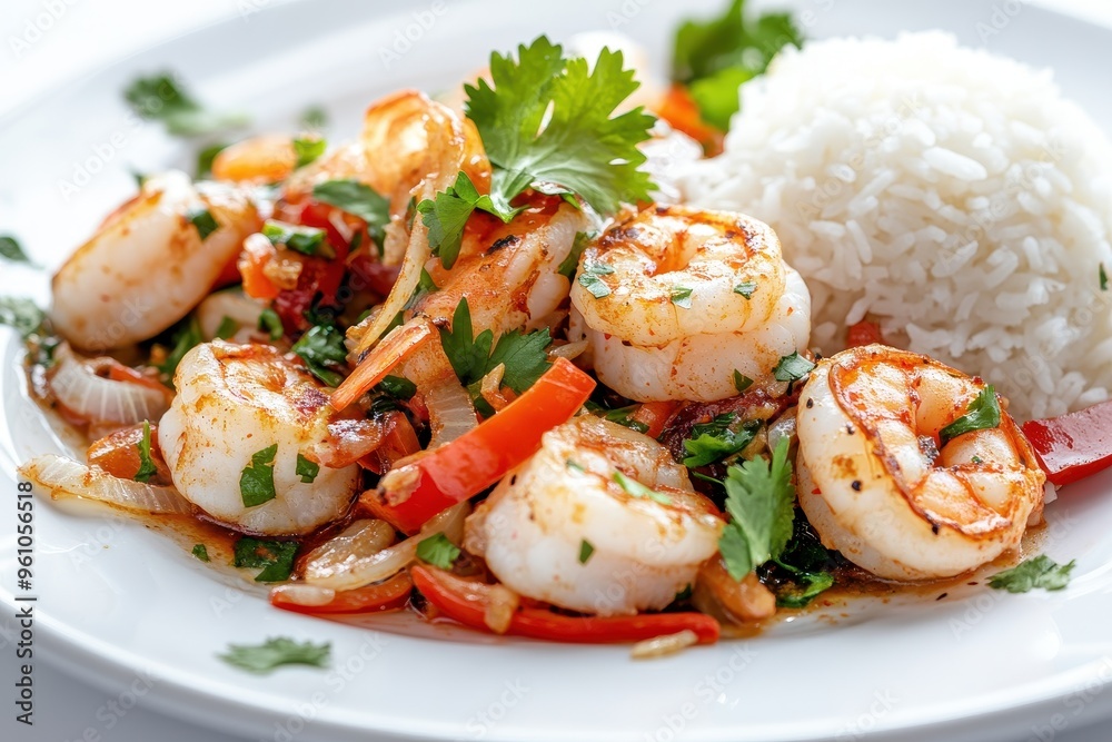 A delicious shrimp dish served with rice and garnished with fresh herbs. A delicious shrimp dish served with rice and garnished with fresh herbs.