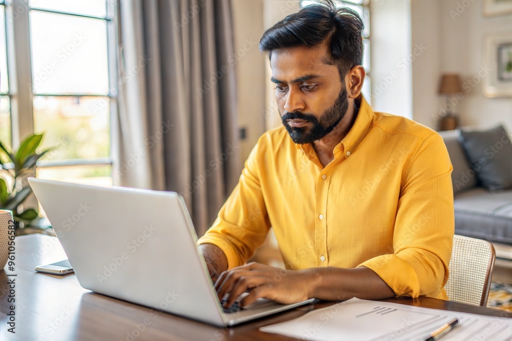 Man working on laptop at home office desk Man working on laptop at home office desk