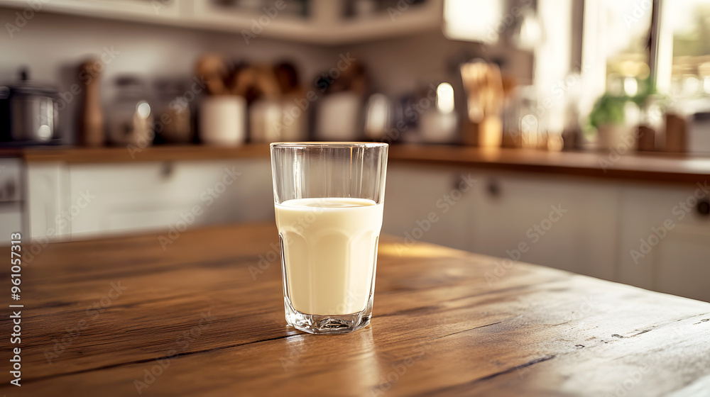 milk on a wooden table, with a background of a warm, inviting kitchen filled with baking ingredients milk on a wooden table, with a background of a warm, inviting kitchen filled with baking ingredients