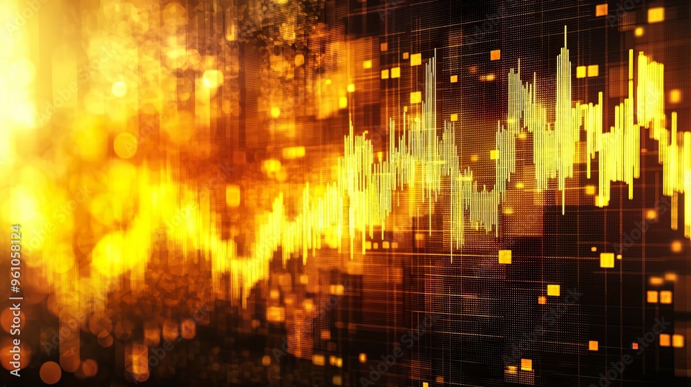 Dynamic visual of sound wave patterns in vibrant yellow tones representing audio analysis and digital technology concepts. Dynamic visual of sound wave patterns in vibrant yellow tones representing audio analysis and digital technology concepts.