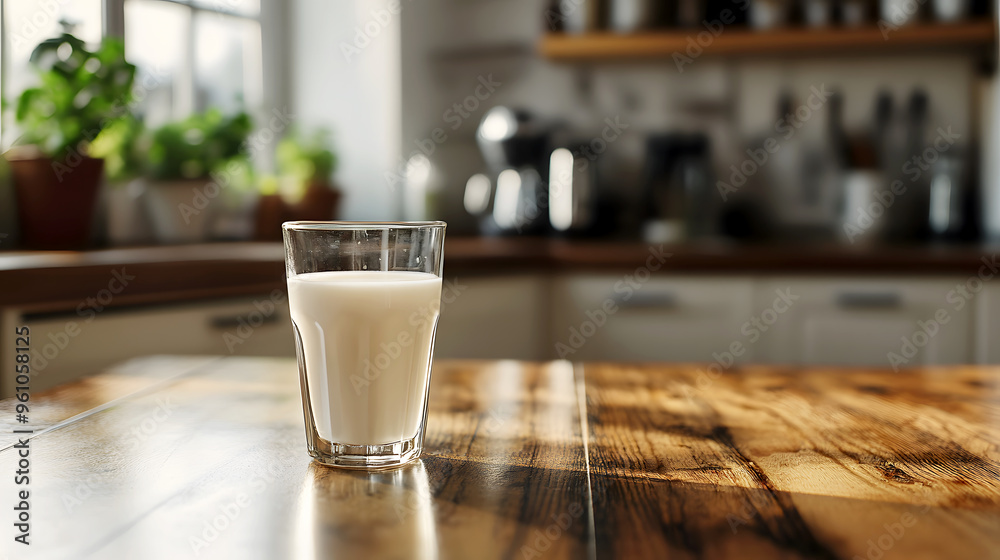 milk on a polished wooden table, within a modern kitchen space, focusing on simplicity and style milk on a polished wooden table, within a modern kitchen space, focusing on simplicity and style