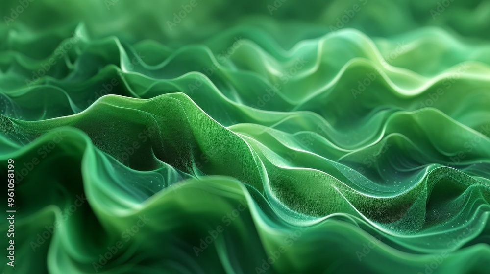 Obraz premium A detailed abstract image of lush green waves resembling flowing fabric. The smooth and rich texture, combined with the dynamic movement, evokes a sense of elegance and fluidity, ideal for modern