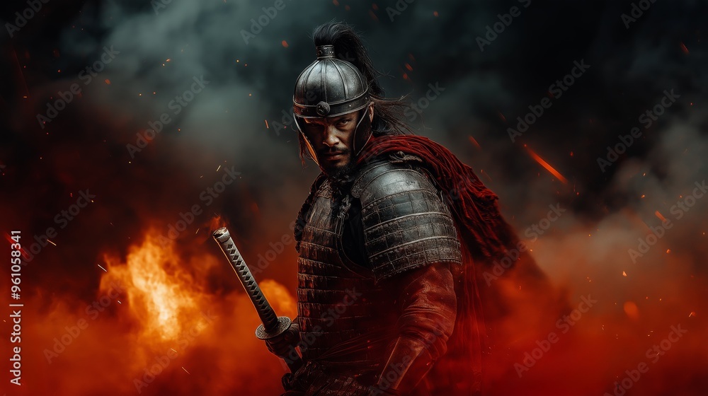 Naklejka premium Samurai Warrior in Armor Holding Katana Amidst Dark Smoke