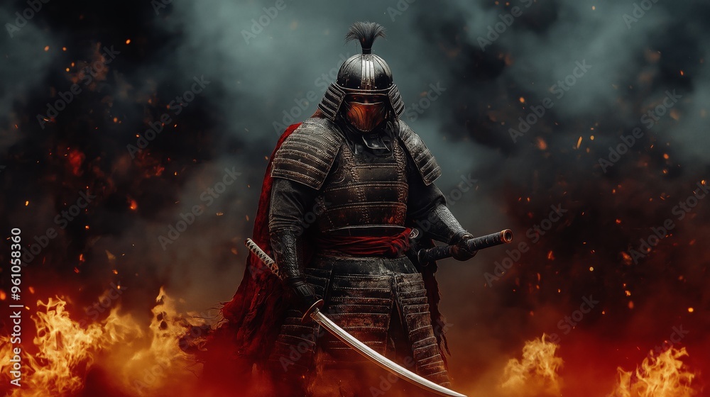Naklejka premium Samurai Warrior in Armor Holding Katana Amidst Dark Smoke