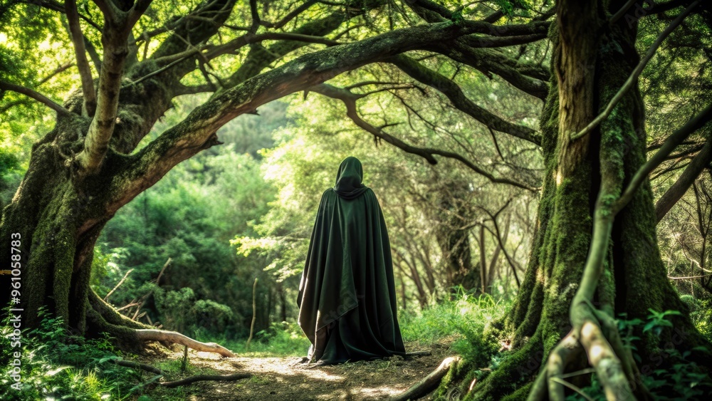 Mysterious cloaked figure standing under gnarled tree in eerie green forest, mystery, cloak, figure, tree, foggy, eerie Mysterious cloaked figure standing under gnarled tree in eerie green forest, mystery, cloak, figure, tree, foggy, eerie