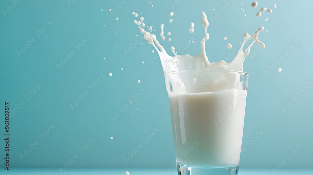 Milk interacting playfully with the rim of a glass, creating a splash with a lighthearted feel against a sky-blue background Milk interacting playfully with the rim of a glass, creating a splash with a lighthearted feel against a sky-blue background