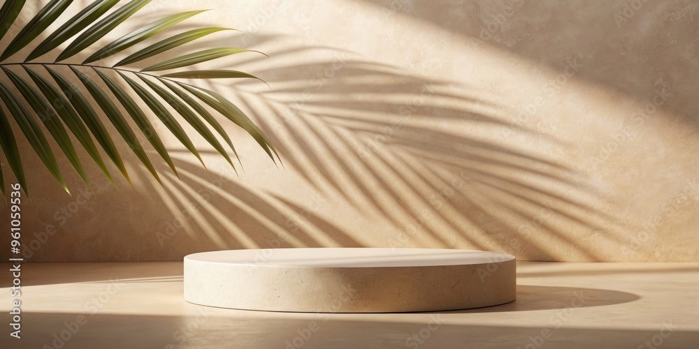 Sandstone podium with palm leaf shadow in background for luxury product placement, sandstone, podium, luxury, product placement Sandstone podium with palm leaf shadow in background for luxury product placement, sandstone, podium, luxury, product placement