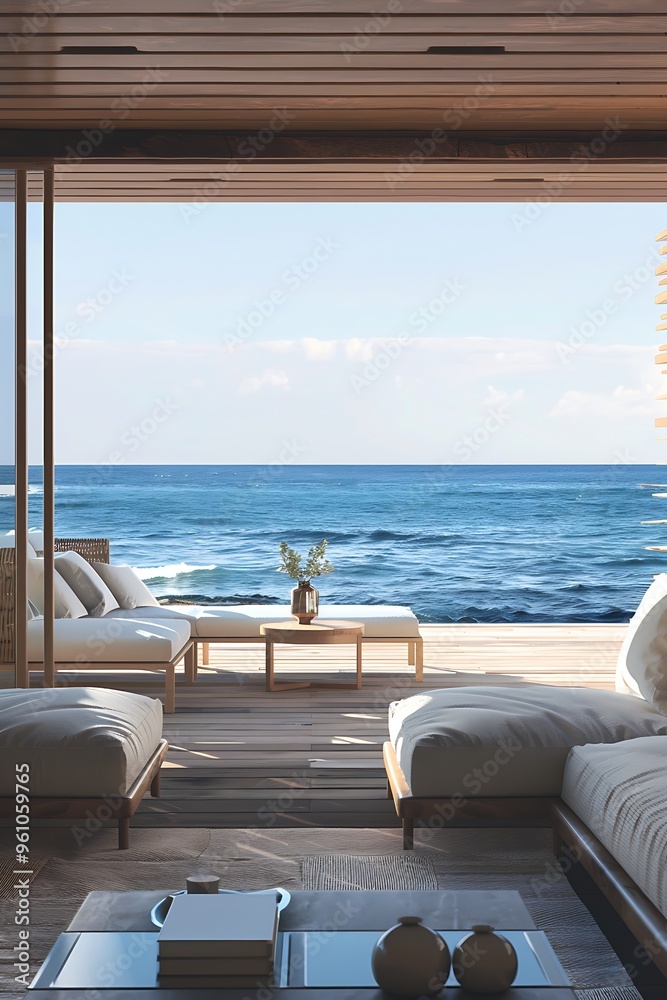 Fototapeta premium Modern Luxury Living Room With Pool And Ocean View.