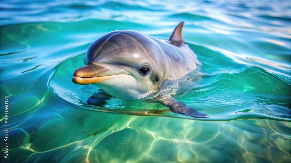 Obraz premium Adorable baby dolphin swimming playfully in the ocean, baby, dolphin, animal, cute, underwater, marine, mammal, aquatic, wildlife