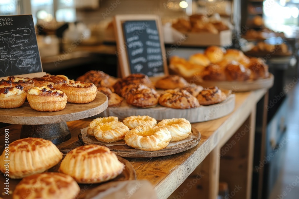 A display of various baked goods in a cozy caf? setting. A display of various baked goods in a cozy caf? setting.