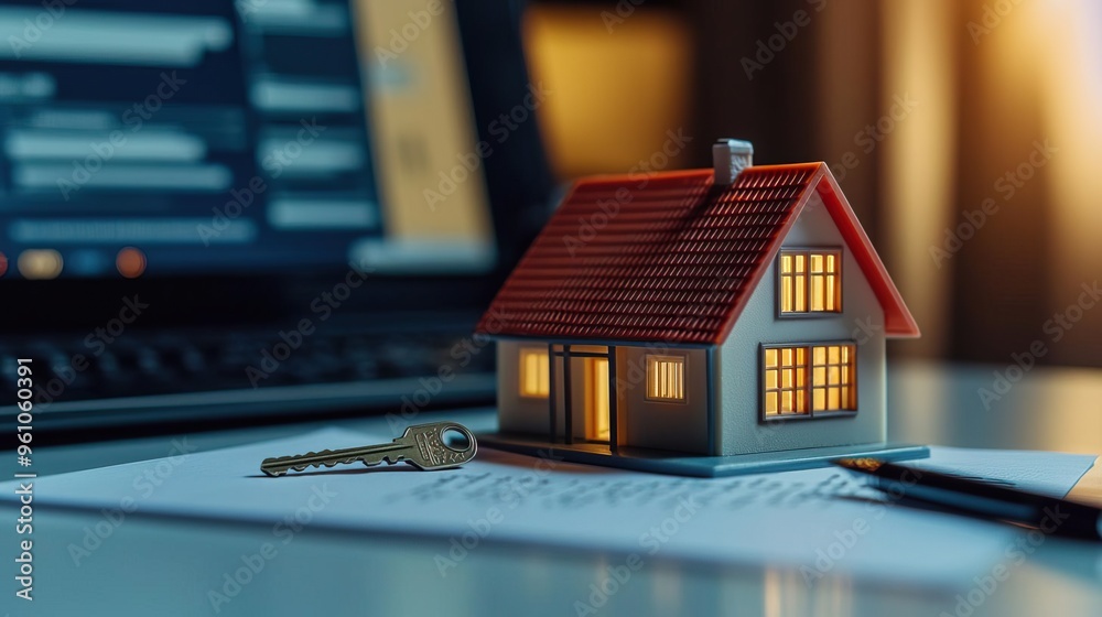 A cozy model house with key on a desk, ideal for real estate, home buying, and investment concepts in a modern workspace. A cozy model house with key on a desk, ideal for real estate, home buying, and investment concepts in a modern workspace.