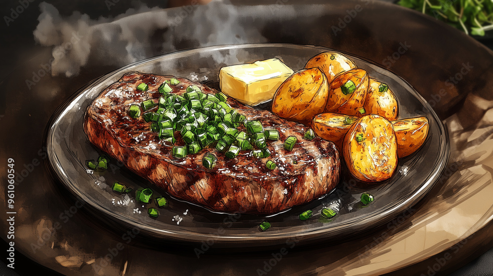 Juicy Grilled Steak With Buttery Potatoes and Fresh Herbs on a Black Plate. Generative ai Juicy Grilled Steak With Buttery Potatoes and Fresh Herbs on a Black Plate. Generative ai