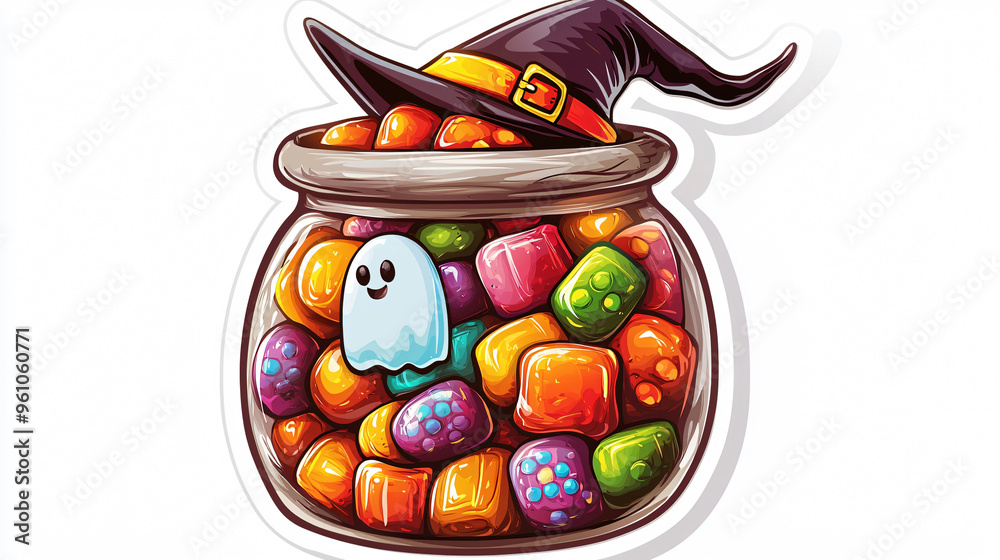 Colorful Halloween Candy Jar with Cute Treats and Festive Decorations in Whimsical Art Colorful Halloween Candy Jar with Cute Treats and Festive Decorations in Whimsical Art
