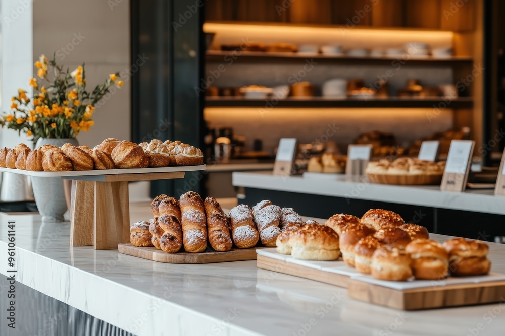A display of various baked goods in a modern setting. A display of various baked goods in a modern setting.