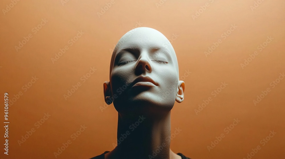 A serene mannequin head with closed eyes against a warm, orange backdrop, conveying a sense of calm and tranquility. A serene mannequin head with closed eyes against a warm, orange backdrop, conveying a sense of calm and tranquility.