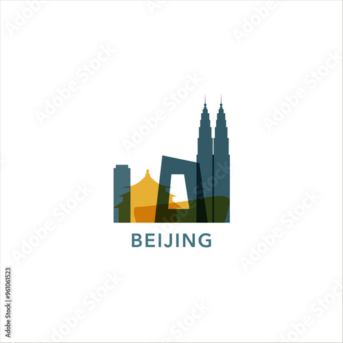 Beijing skyline, downtown panorama logo, logotype. China capital city badge contour, isolated vector pictogram with temple, skyscrapers, landmarks, towers