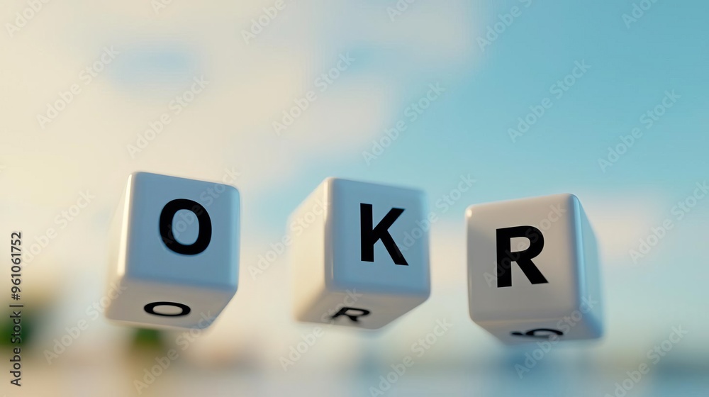 Creative representation of OKR framework using letter cubes on a blurred background, symbolizing goal setting and achievement. Creative representation of OKR framework using letter cubes on a blurred background, symbolizing goal setting and achievement.