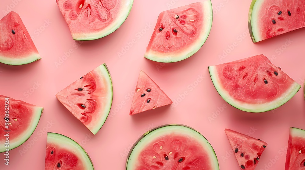 Slices of fresh cut watermelon on a pink background. Slices of fresh cut watermelon on a pink background.